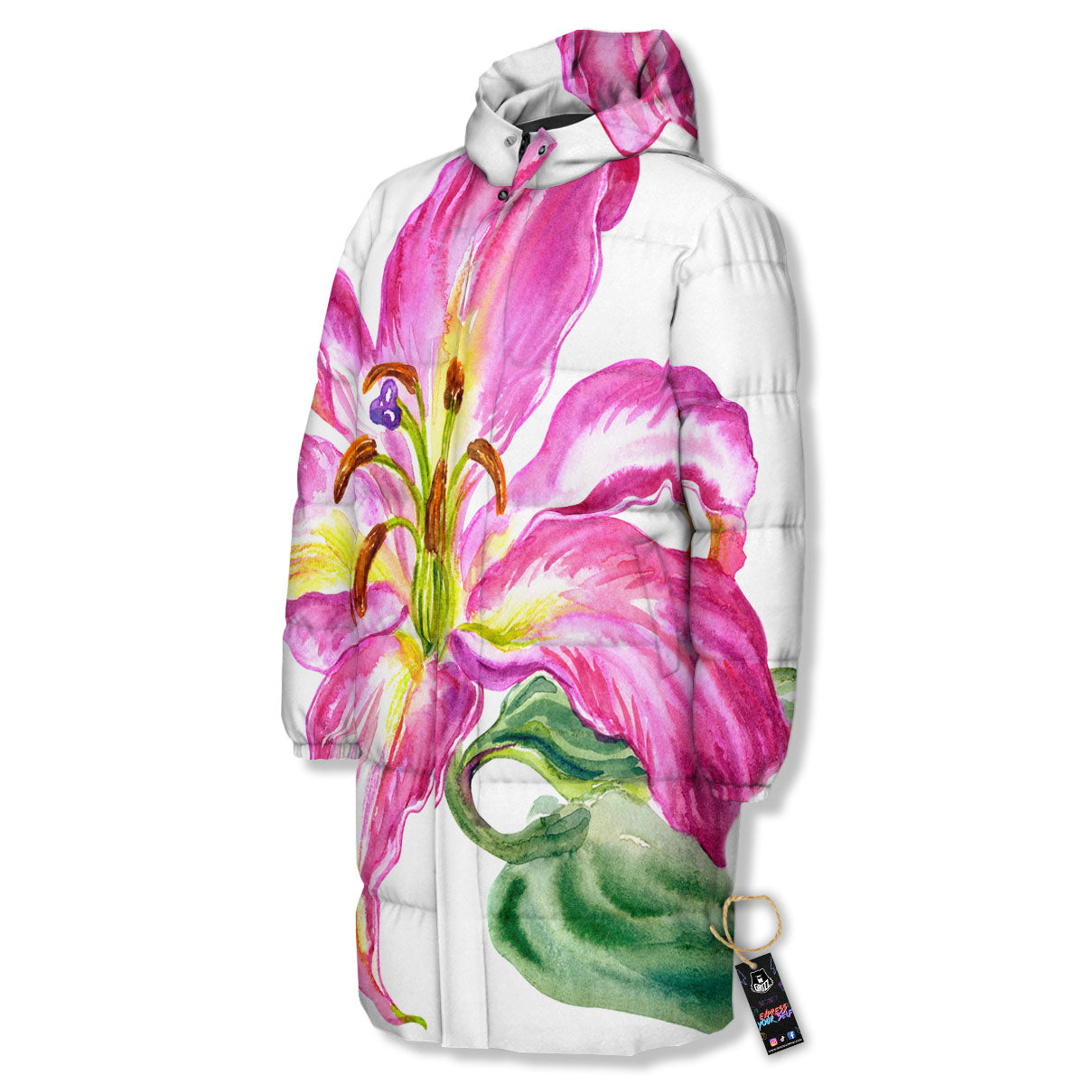 Lily Pink Watercolor Print Long Down Jacket-grizzshop