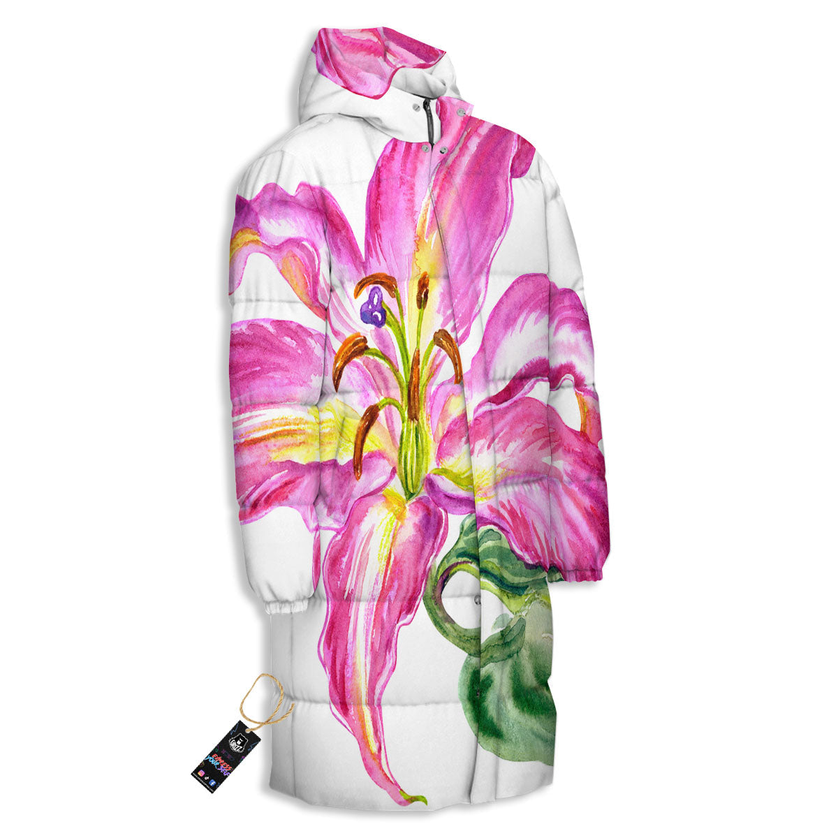 Lily Pink Watercolor Print Long Down Jacket-grizzshop