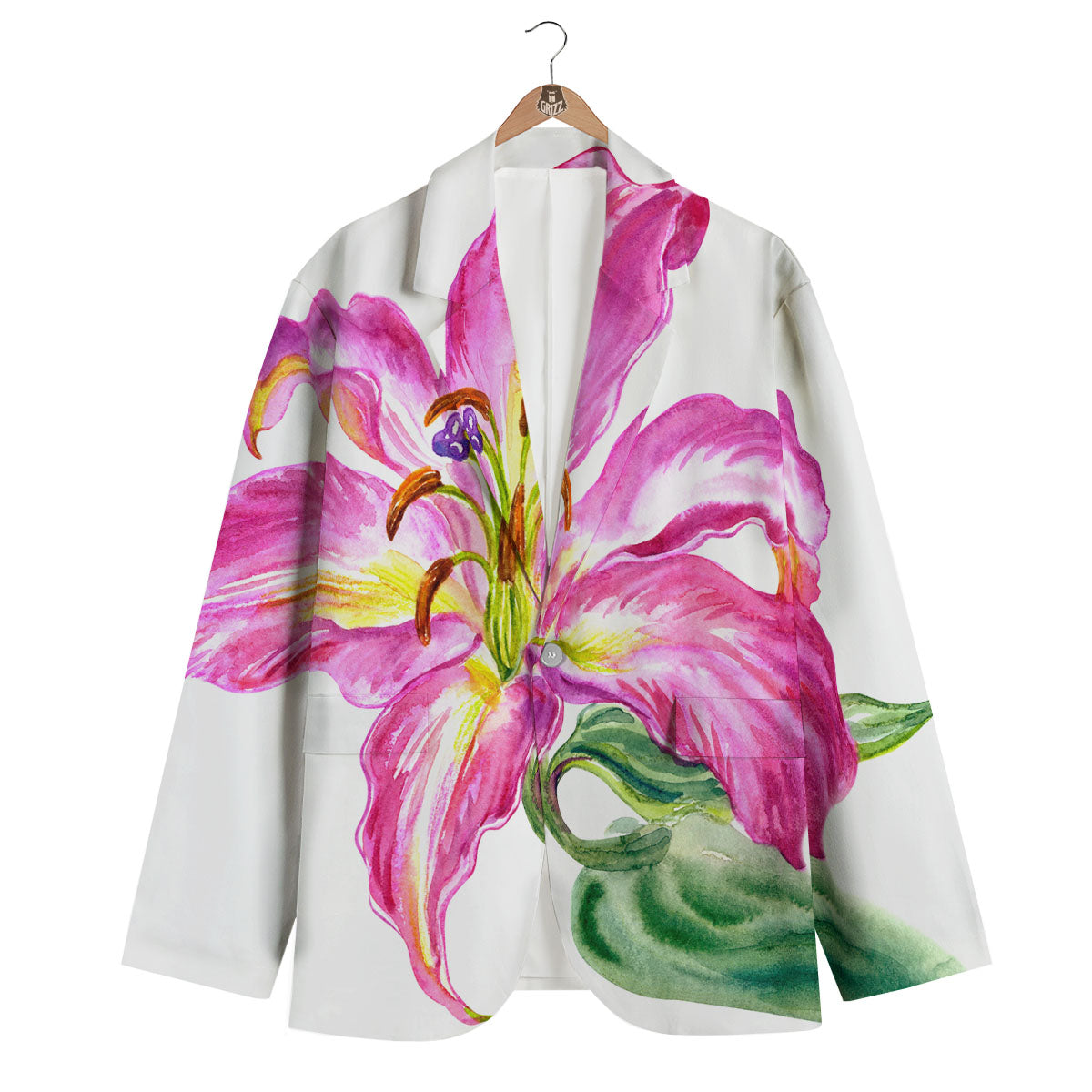 Lily Pink Watercolor Print Men's Blazer-grizzshop