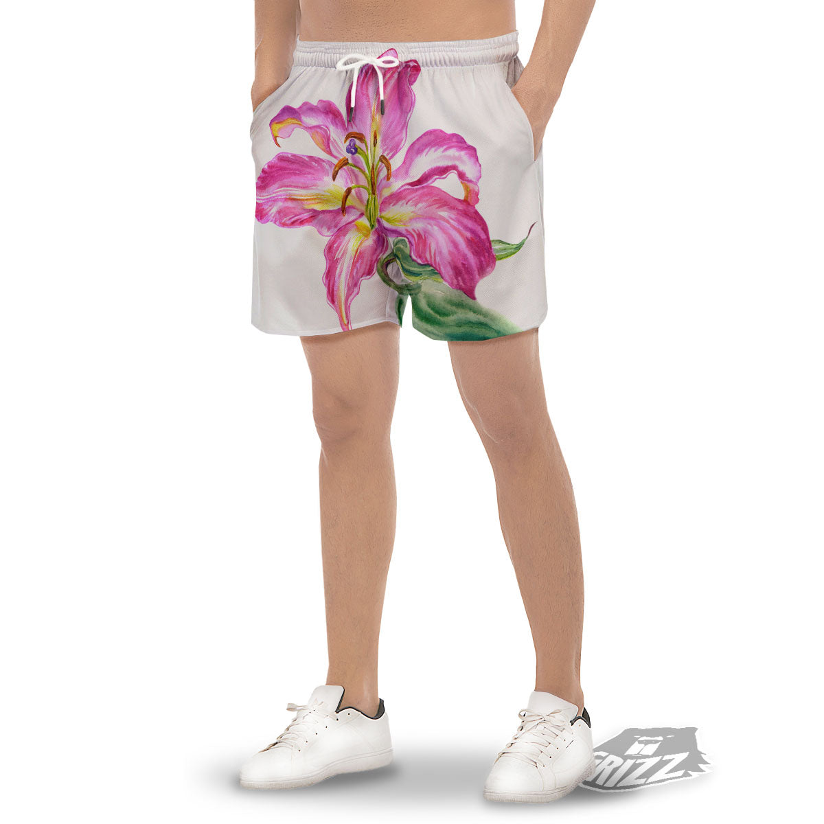 Lily Pink Watercolor Print Men's Gym Shorts-grizzshop