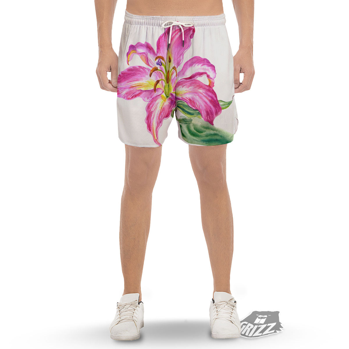 Lily Pink Watercolor Print Men's Gym Shorts-grizzshop