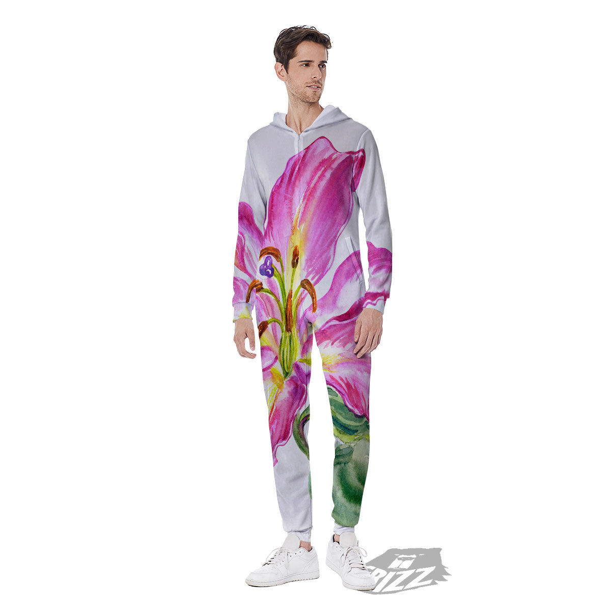 Lily Pink Watercolor Print Men's Jumpsuit-grizzshop