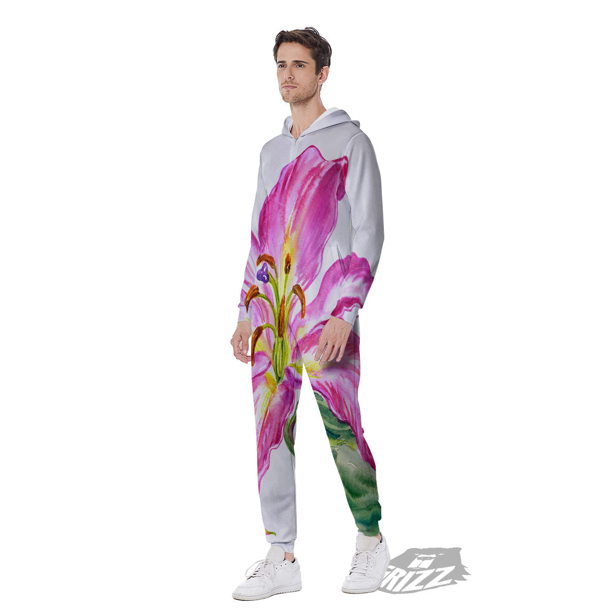 Lily Pink Watercolor Print Men's Jumpsuit-grizzshop