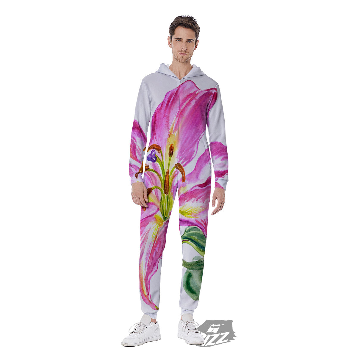 Lily Pink Watercolor Print Men's Jumpsuit-grizzshop