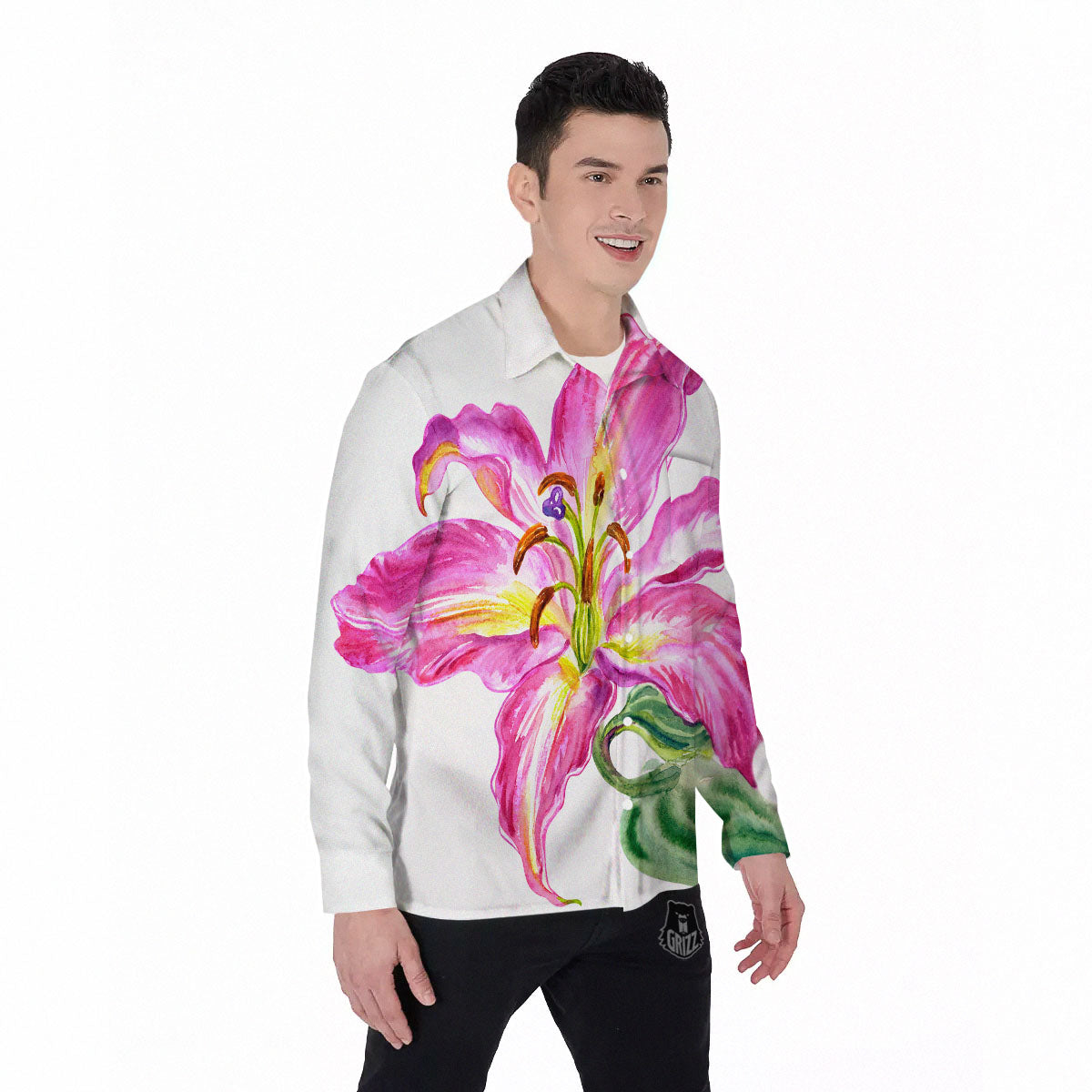 Lily Pink Watercolor Print Men's Long Sleeve Shirts-grizzshop