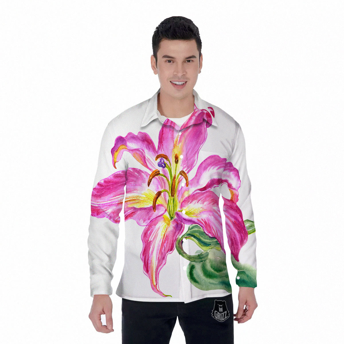 Lily Pink Watercolor Print Men's Long Sleeve Shirts-grizzshop