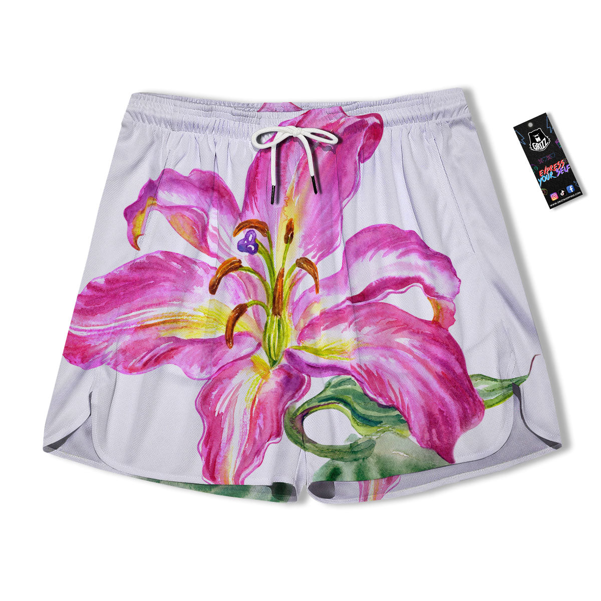 Lily Pink Watercolor Print Men's Running Shorts-grizzshop