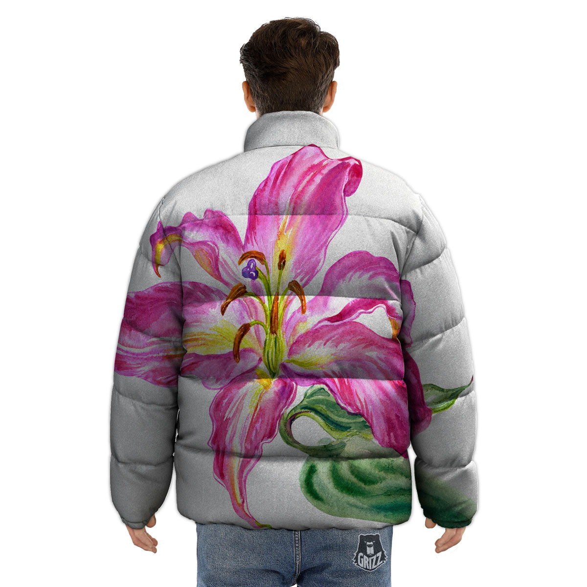 Lily Pink Watercolor Print Puffer Jacket-grizzshop