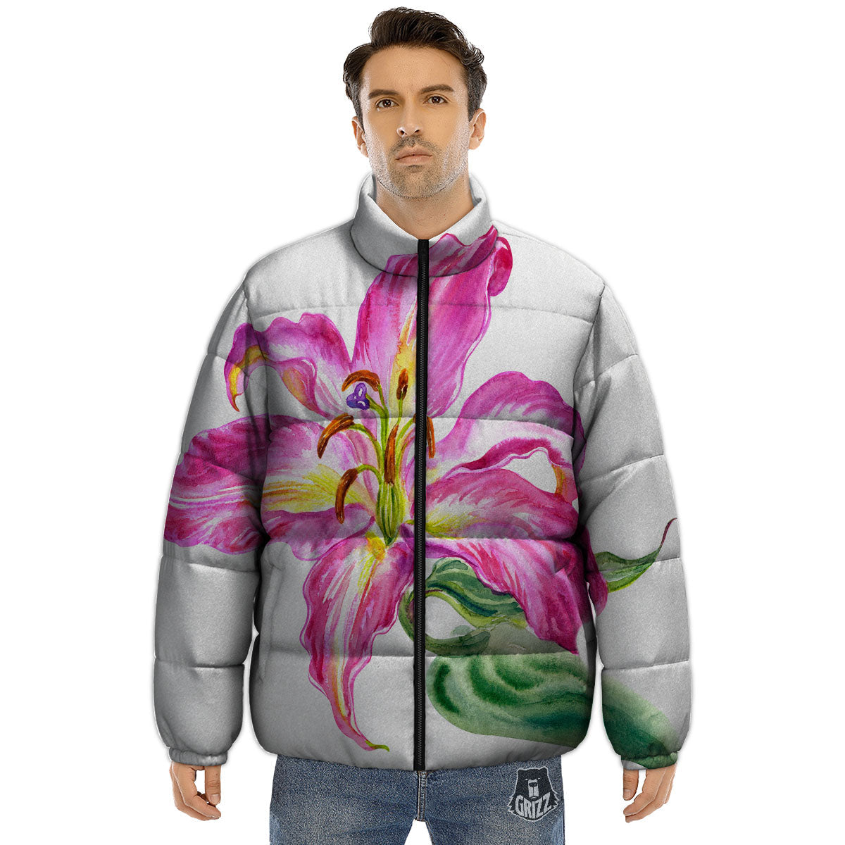 Lily Pink Watercolor Print Puffer Jacket-grizzshop