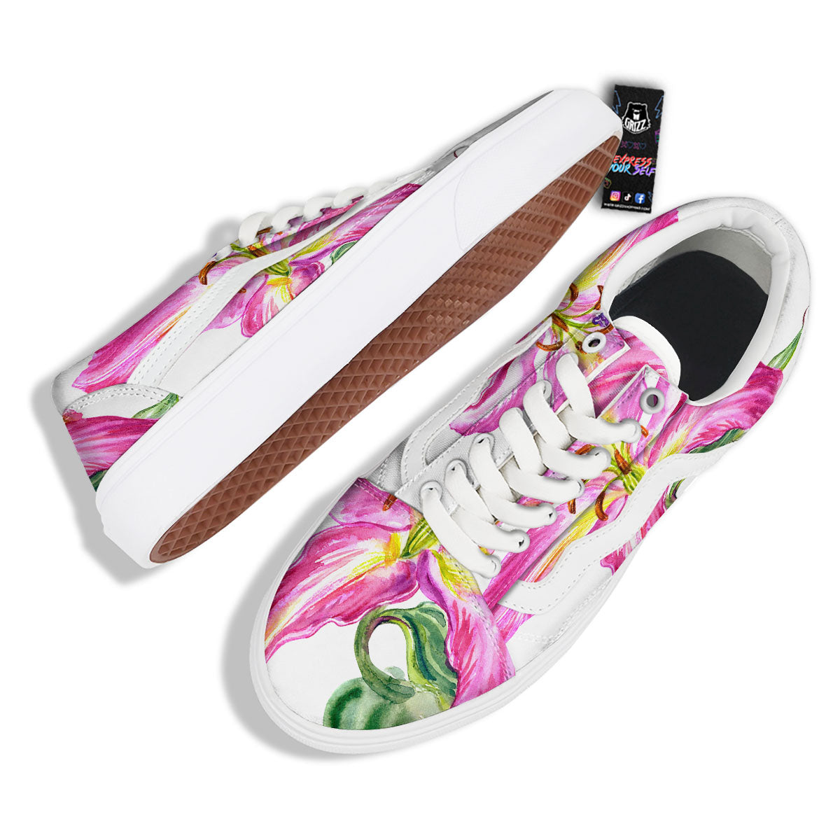 Lily Pink Watercolor Print Skate Shoes-grizzshop