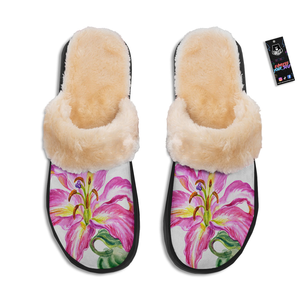 Lily Pink Watercolor Print Slippers-grizzshop