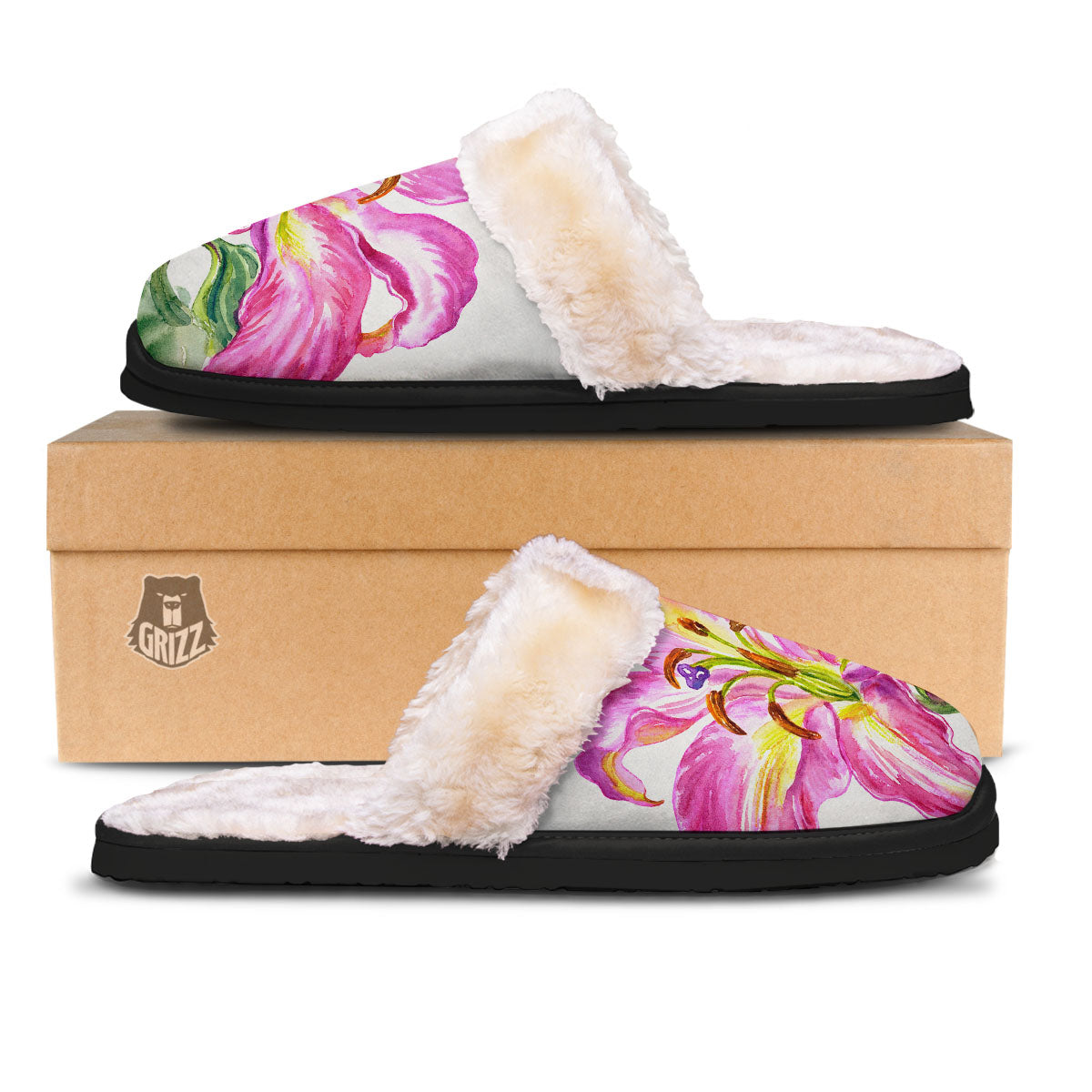 Lily Pink Watercolor Print Slippers-grizzshop