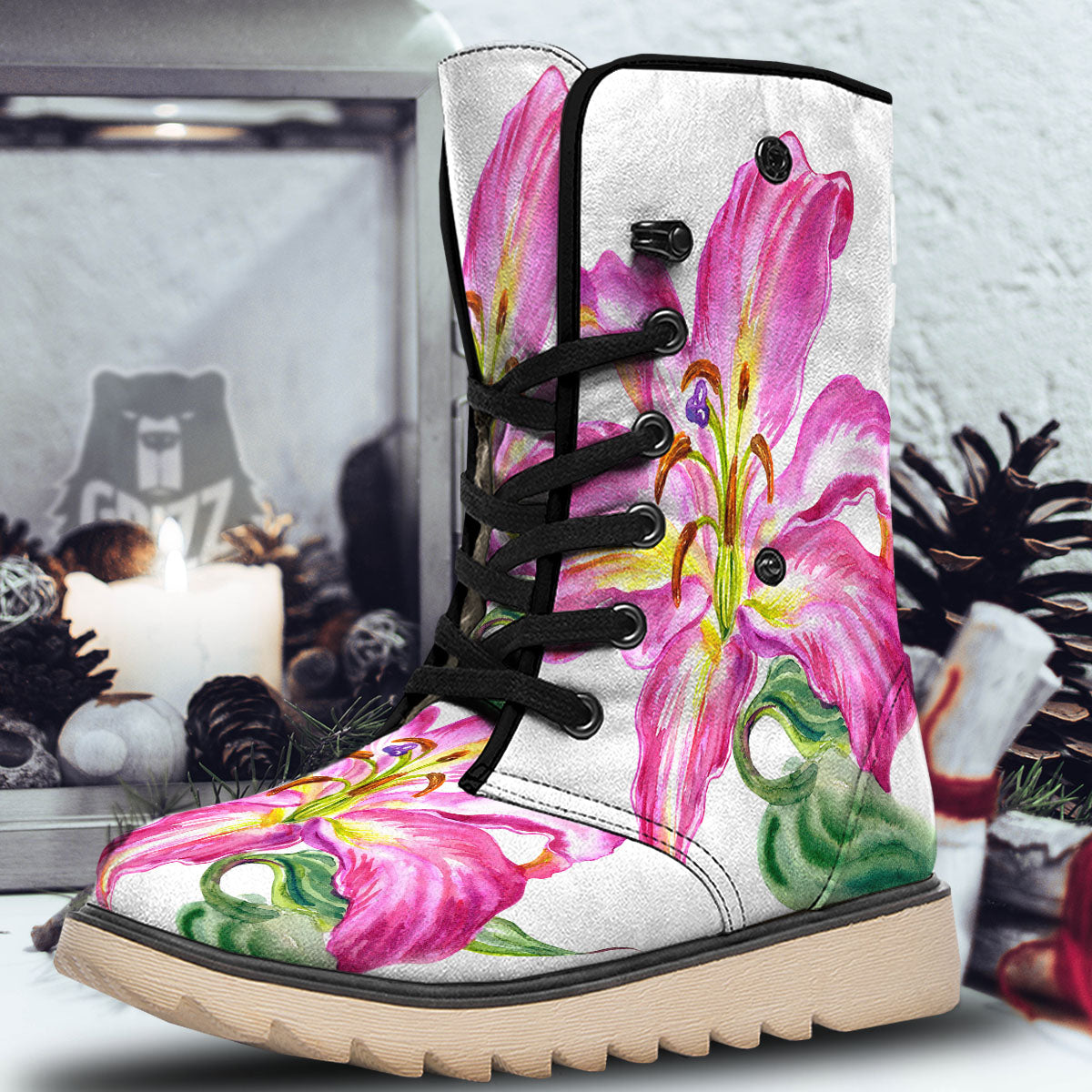 Lily Pink Watercolor Print Snow Boots-grizzshop