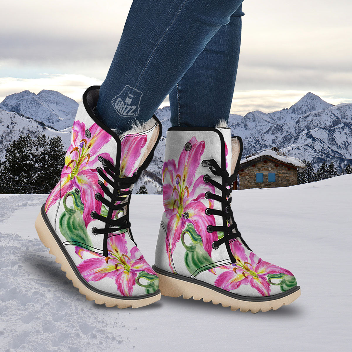 Lily Pink Watercolor Print Snow Boots-grizzshop
