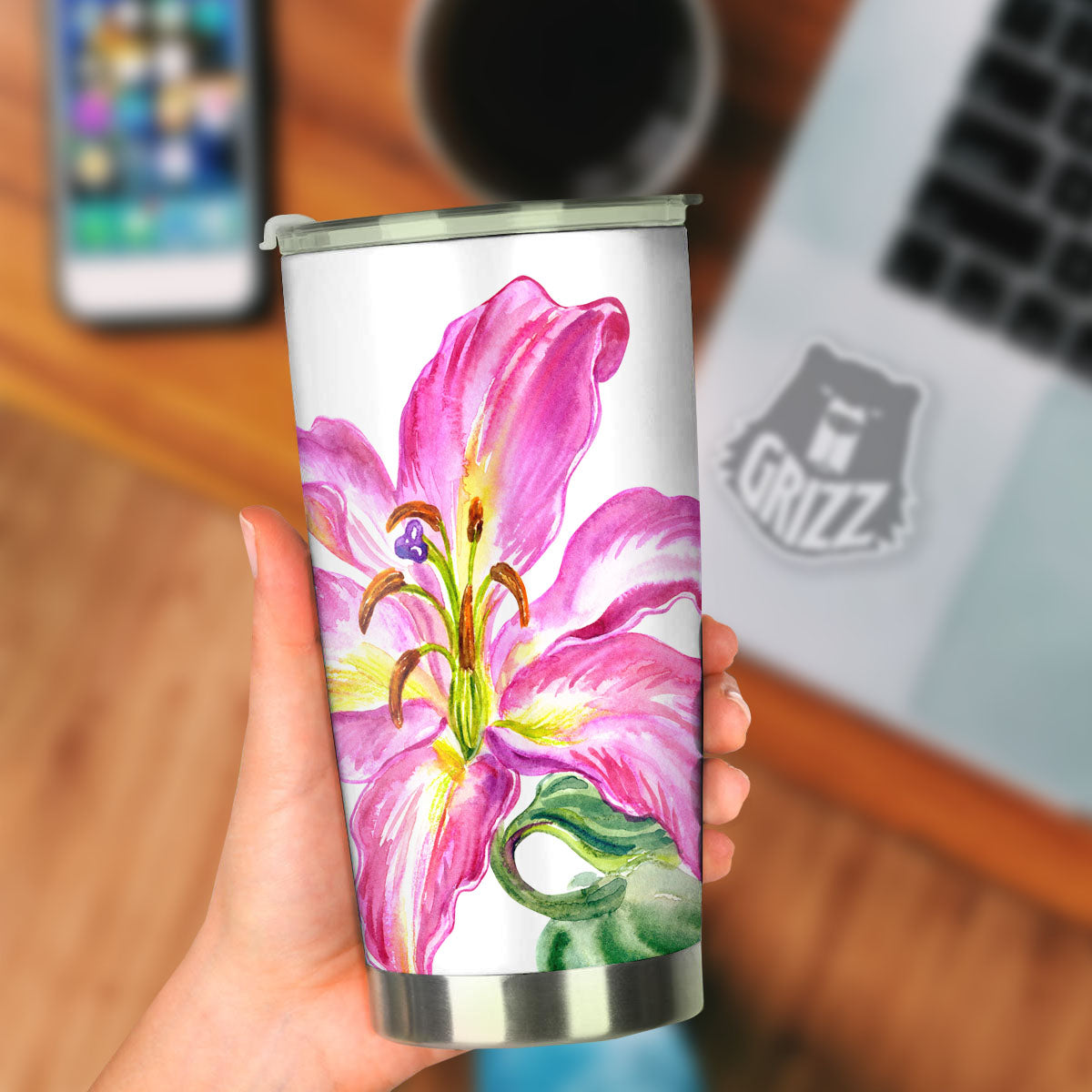 Lily Pink Watercolor Print Tumbler-grizzshop