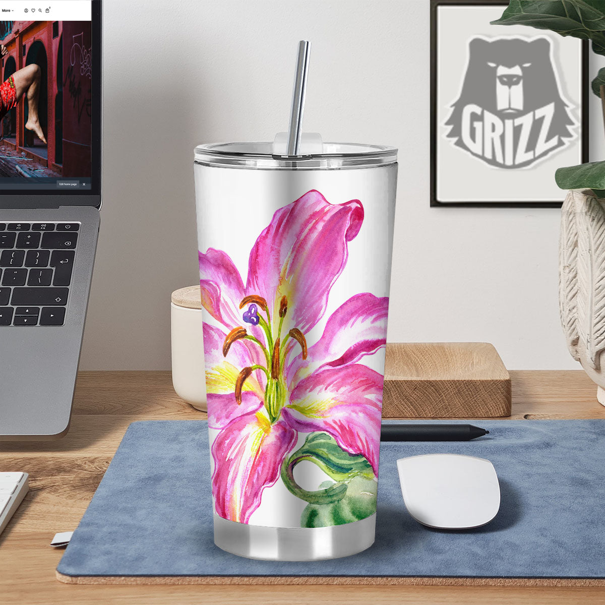 Lily Pink Watercolor Print Tumbler-grizzshop