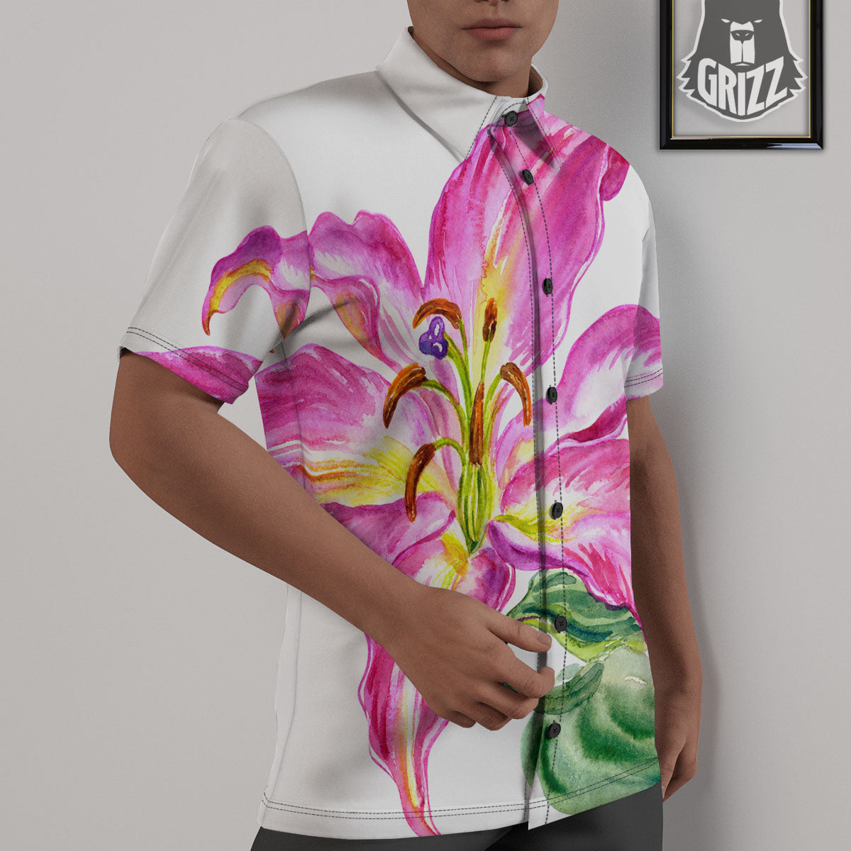 Lily Pink Watercolor Print Untucked Shirts-grizzshop