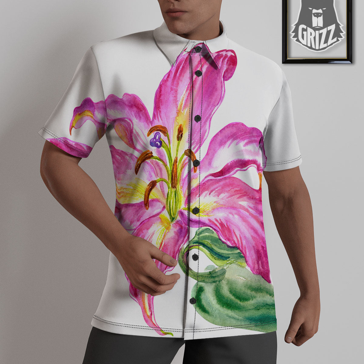 Lily Pink Watercolor Print Untucked Shirts-grizzshop