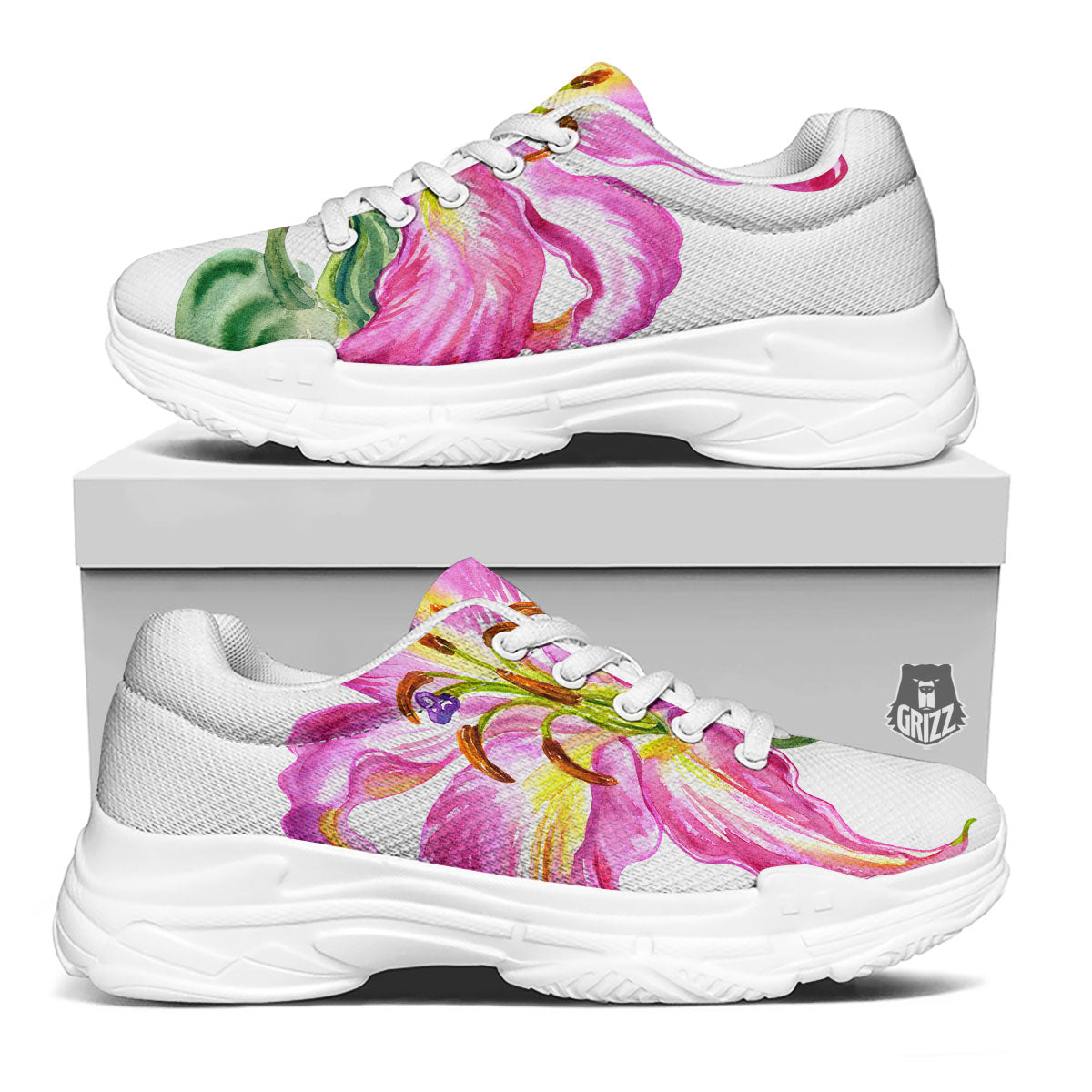 Lily Pink Watercolor Print White Chunky Shoes-grizzshop