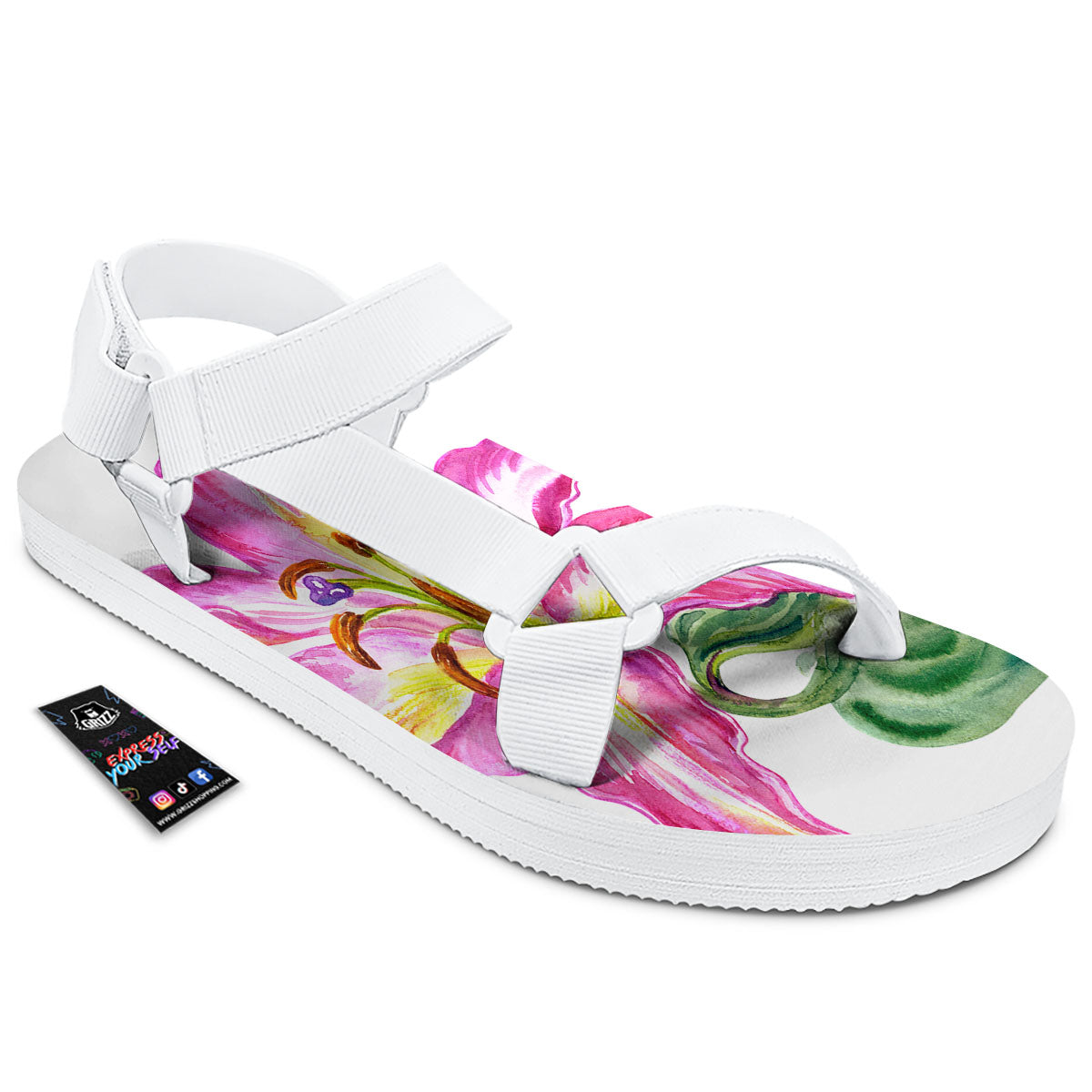 Lily Pink Watercolor Print White Open Toe Sandals-grizzshop