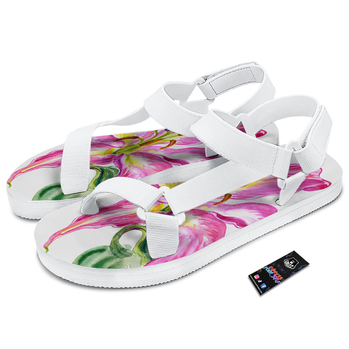 Lily Pink Watercolor Print White Open Toe Sandals-grizzshop