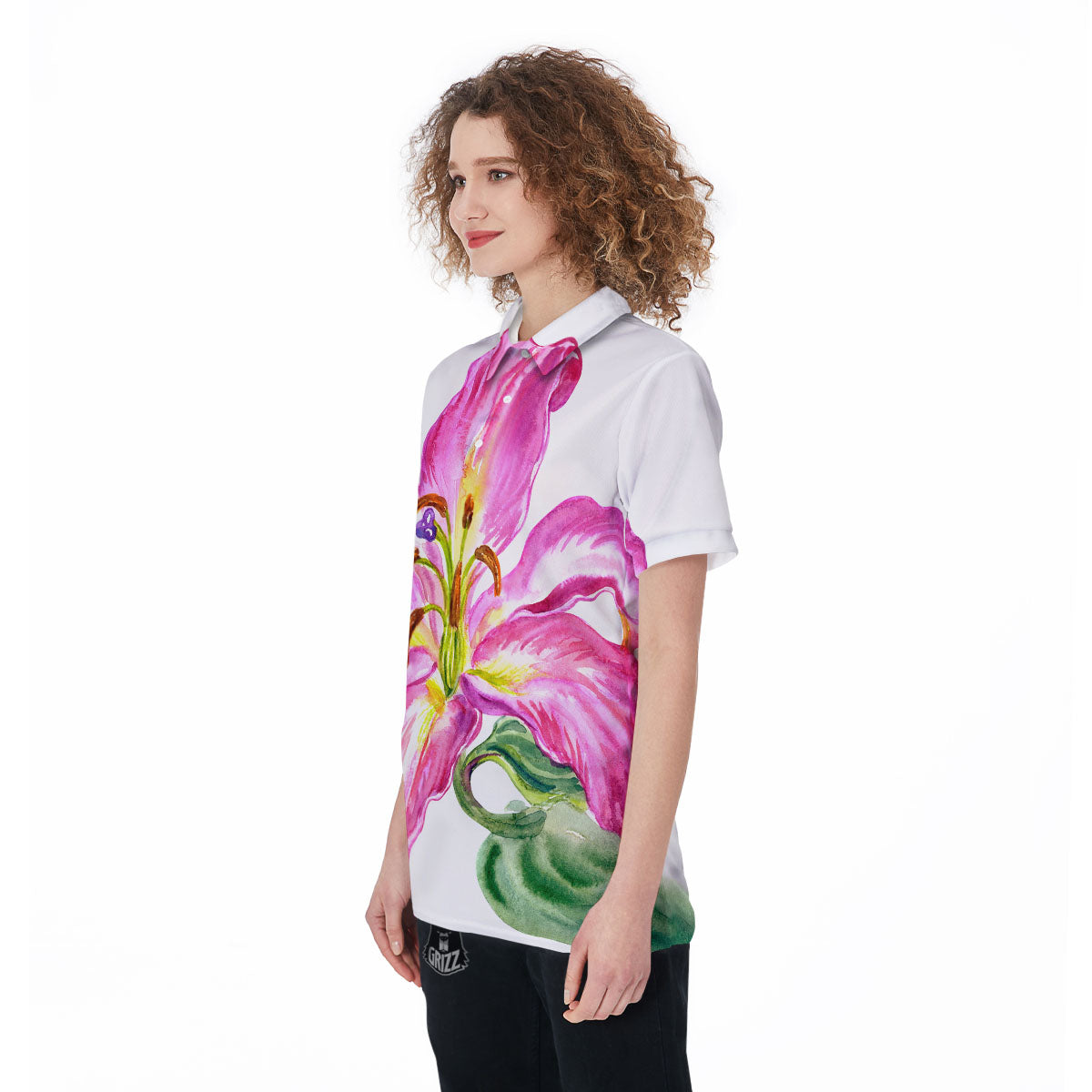 Lily Pink Watercolor Print Women's Golf Shirts-grizzshop
