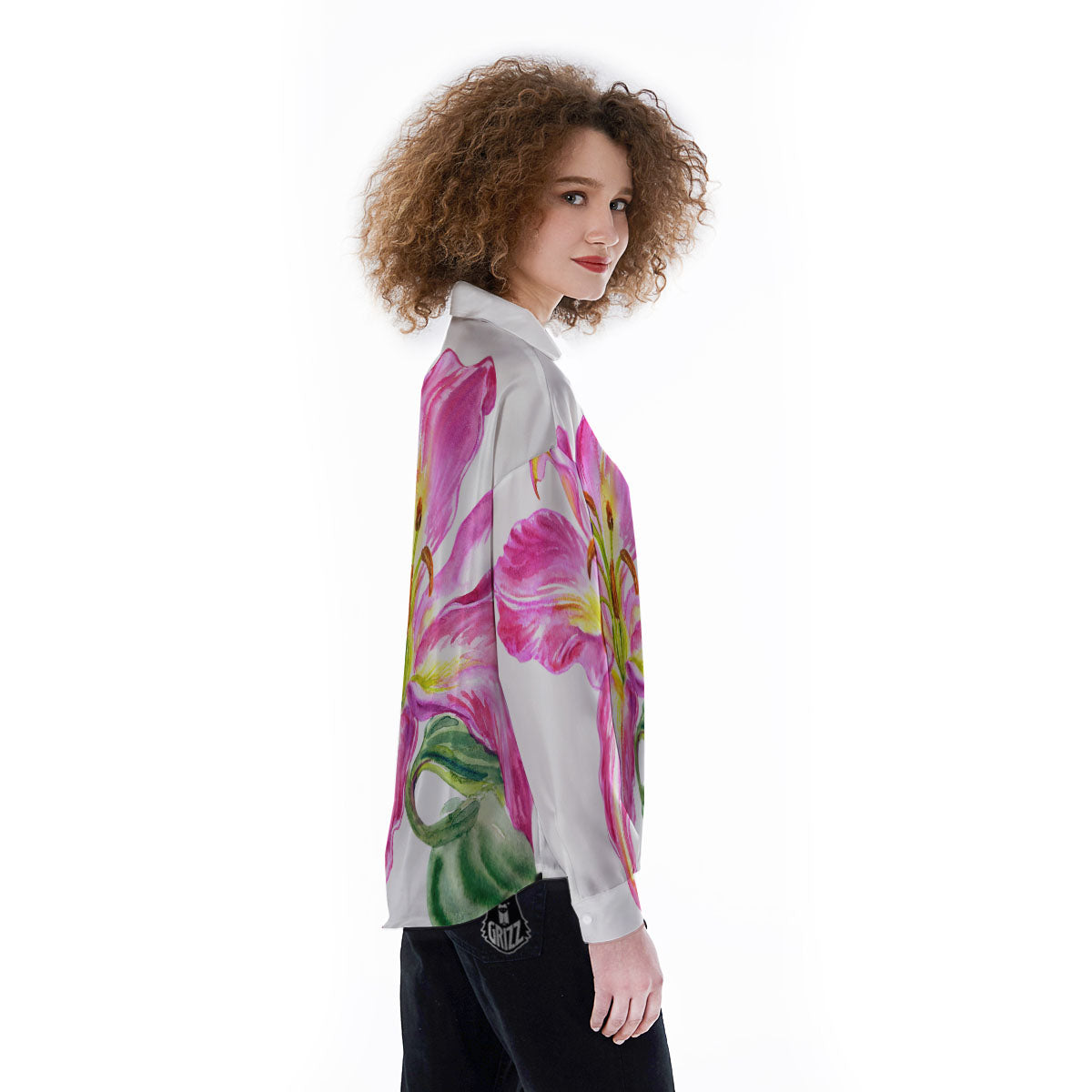 Lily Pink Watercolor Print Women's Long Sleeve Shirts-grizzshop