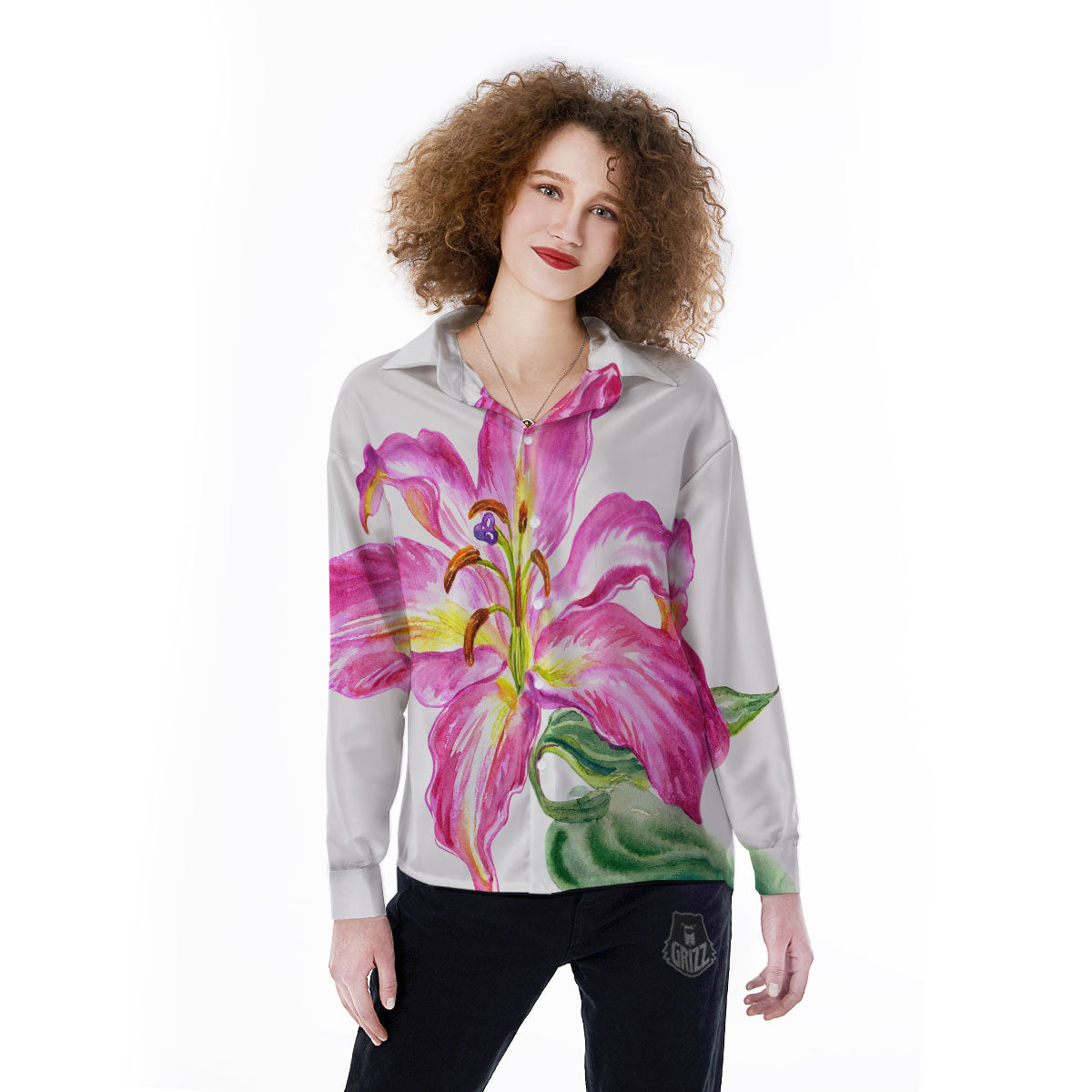 Lily Pink Watercolor Print Women's Long Sleeve Shirts-grizzshop