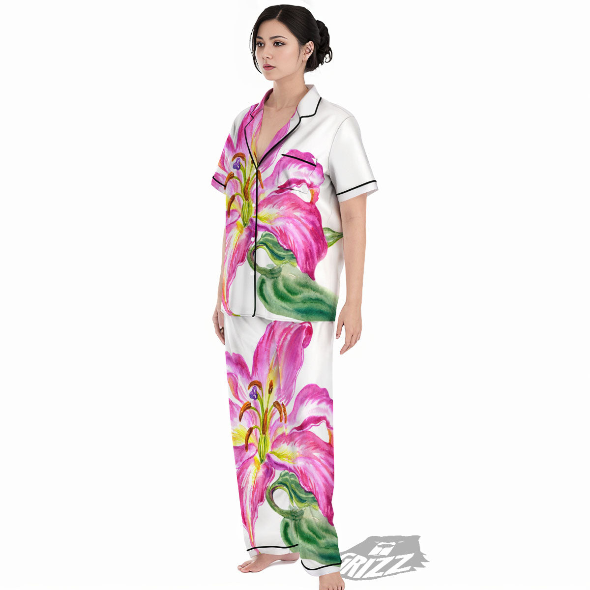 Lily Pink Watercolor Print Women's Pajamas Set-grizzshop