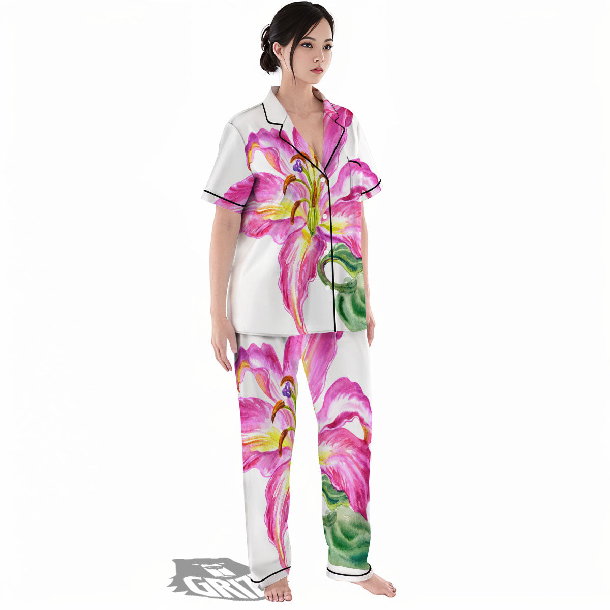 Lily Pink Watercolor Print Women's Pajamas Set-grizzshop
