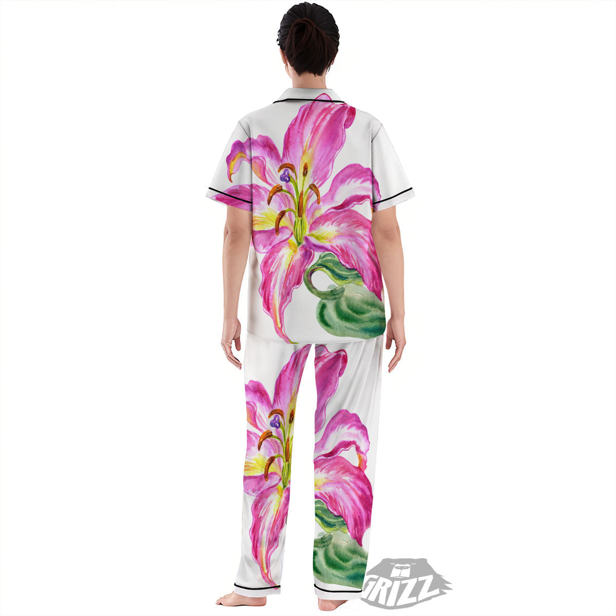 Lily Pink Watercolor Print Women's Pajamas Set-grizzshop