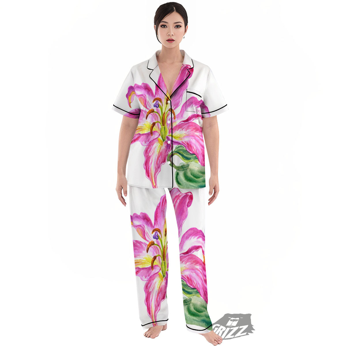 Lily Pink Watercolor Print Women's Pajamas Set-grizzshop