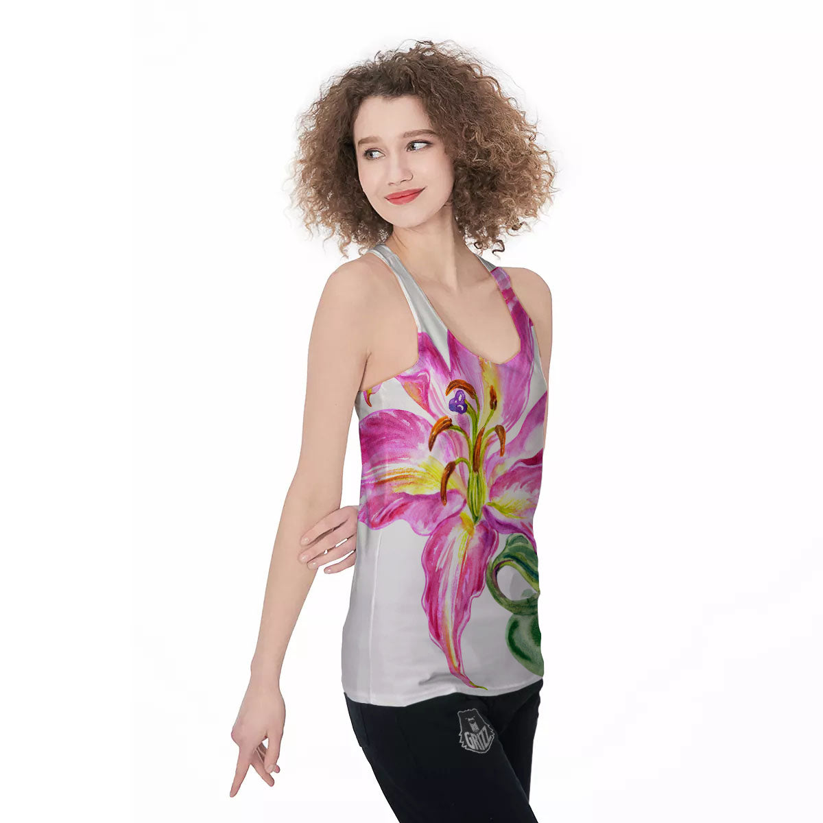 Lily Pink Watercolor Print Women's Racerback Tank Top-grizzshop