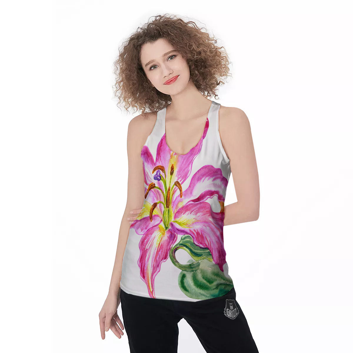 Lily Pink Watercolor Print Women's Racerback Tank Top-grizzshop