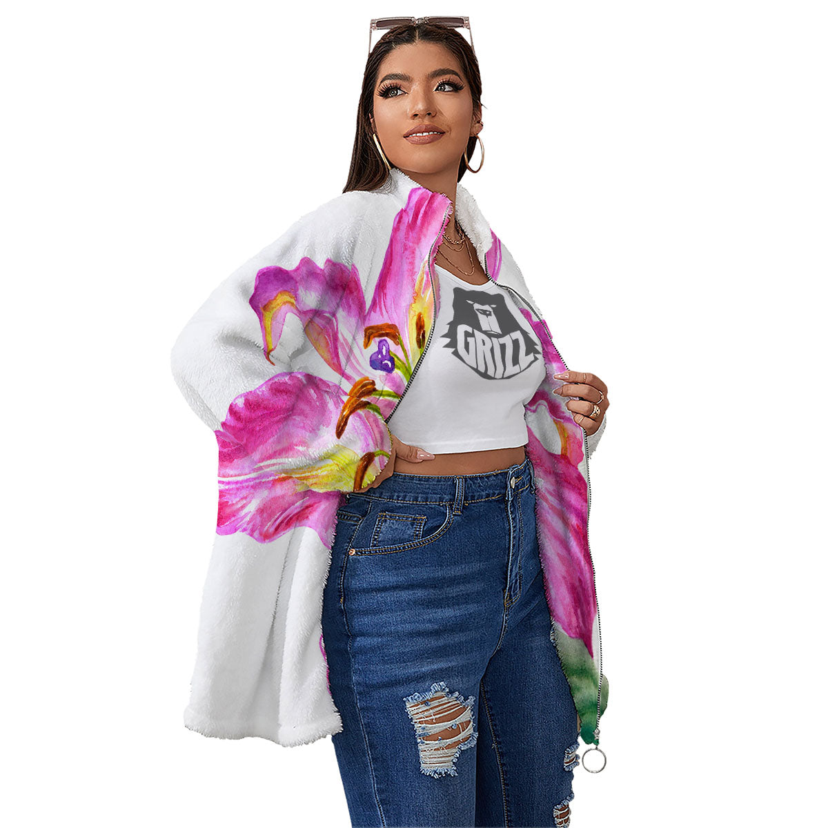 Lily Pink Watercolor Print Women's Sherpa Jacket-grizzshop