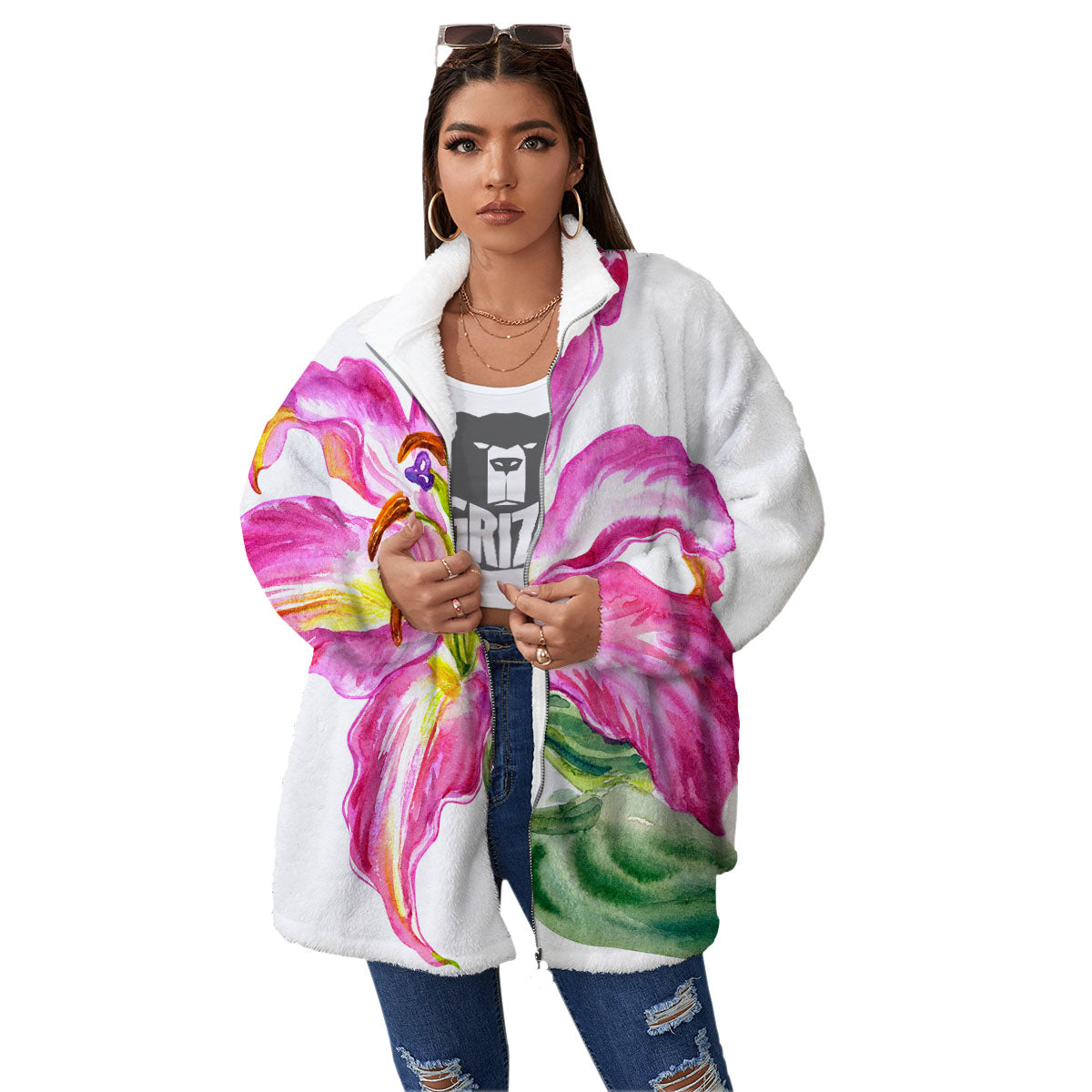 Lily Pink Watercolor Print Women's Sherpa Jacket-grizzshop