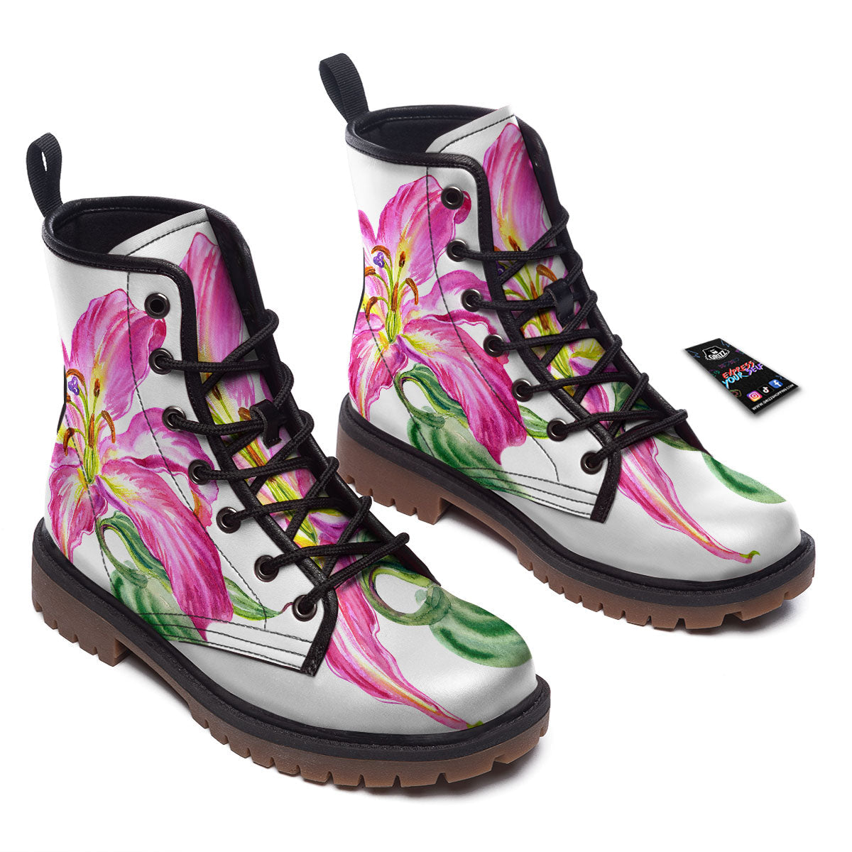 Lily Pink Watercolor Print Work Boots-grizzshop