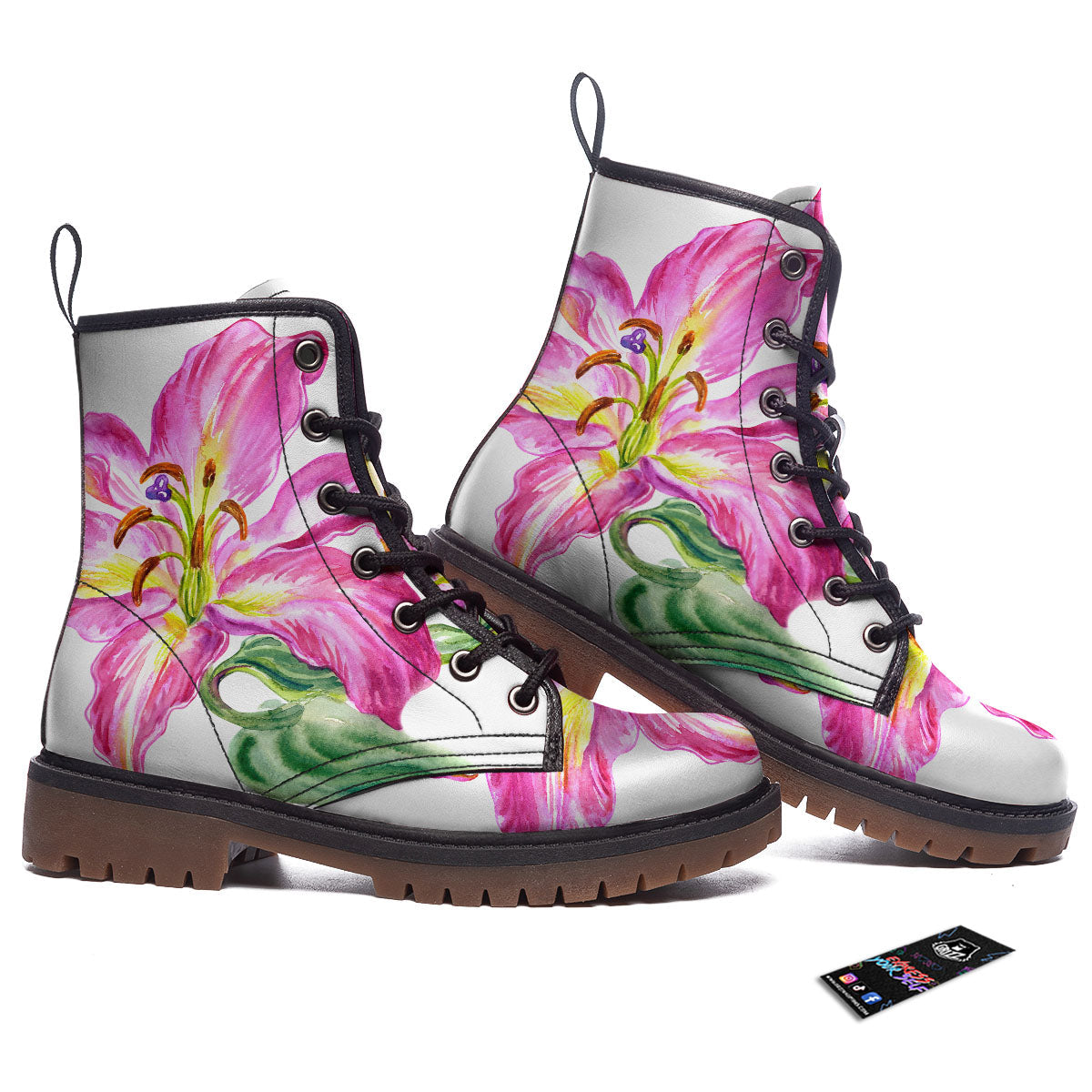 Lily Pink Watercolor Print Work Boots-grizzshop