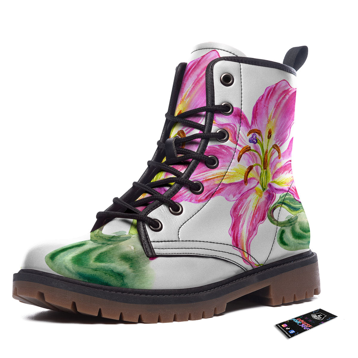 Lily Pink Watercolor Print Work Boots-grizzshop