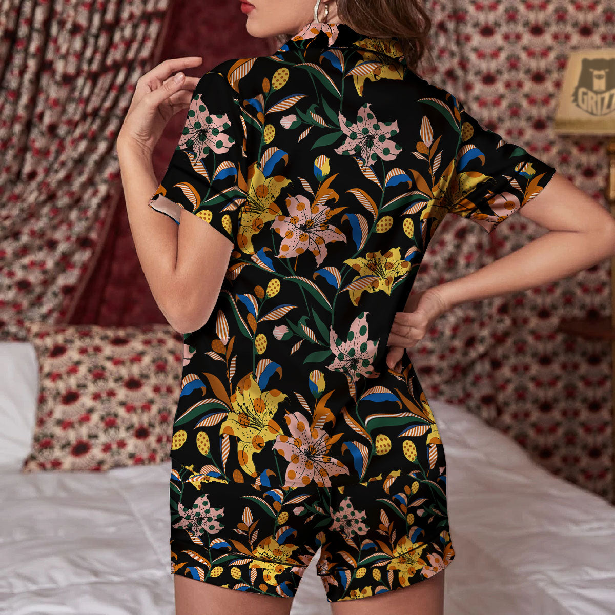 Lily Polka Dot Print Pattern Women Silk Pajamas-grizzshop