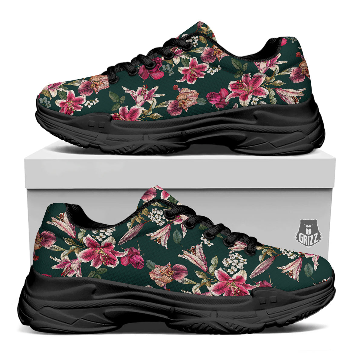 Lily Tropical Watercolor Print Pattern Black Chunky Shoes-grizzshop