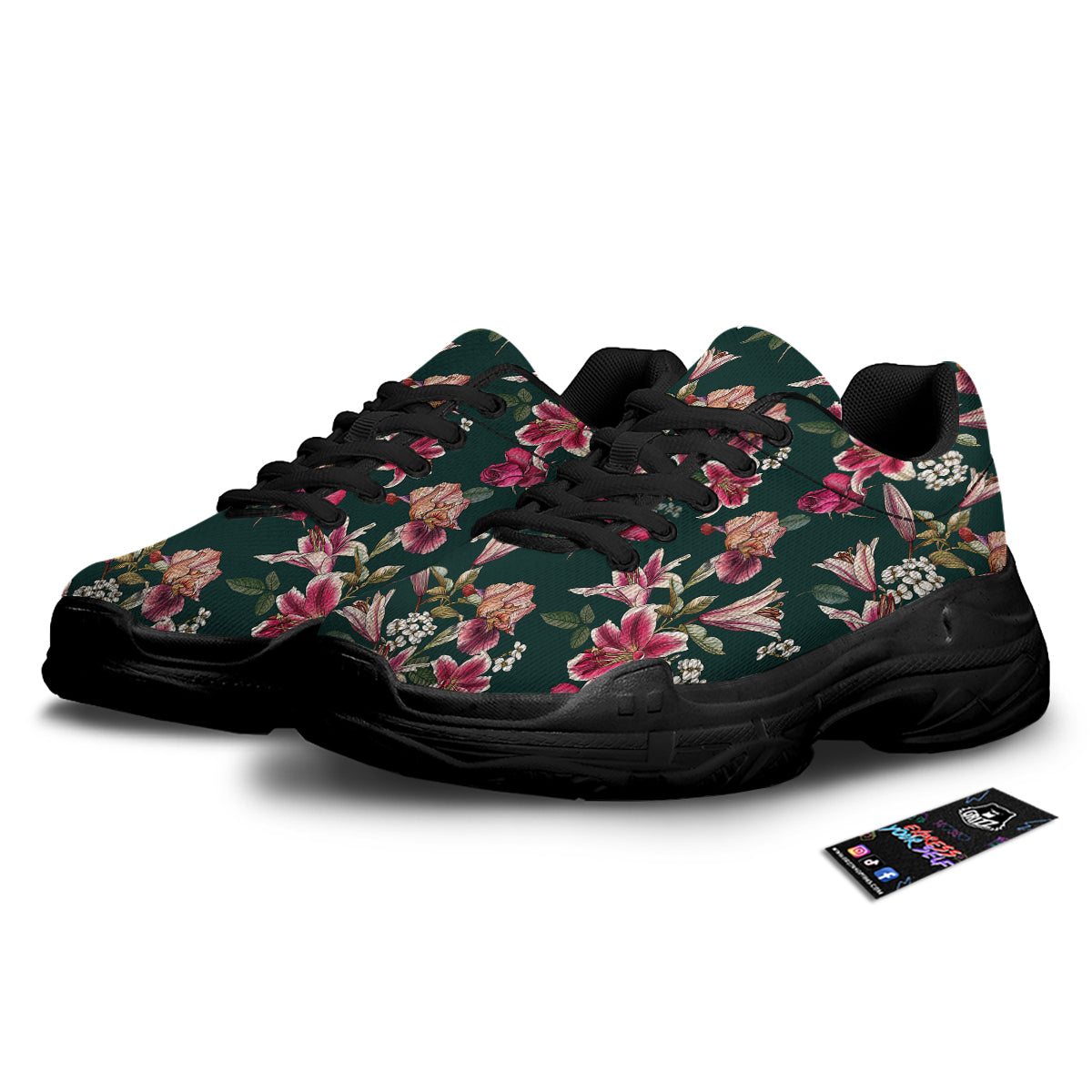 Lily Tropical Watercolor Print Pattern Black Chunky Shoes-grizzshop
