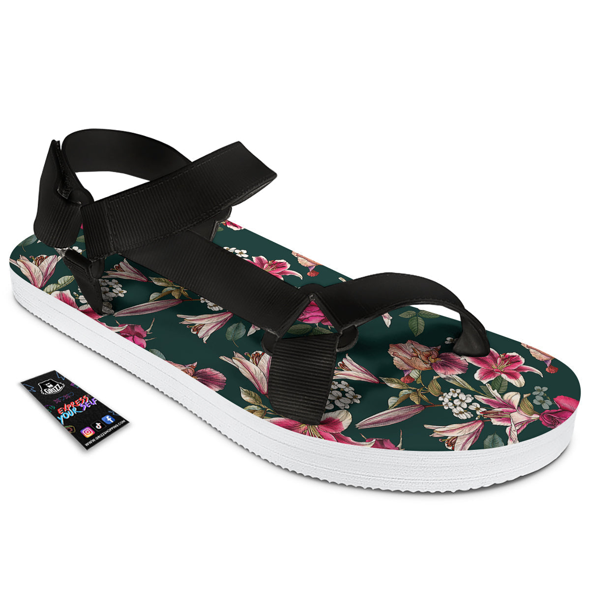 Lily Tropical Watercolor Print Pattern Black Open Toe Sandals-grizzshop