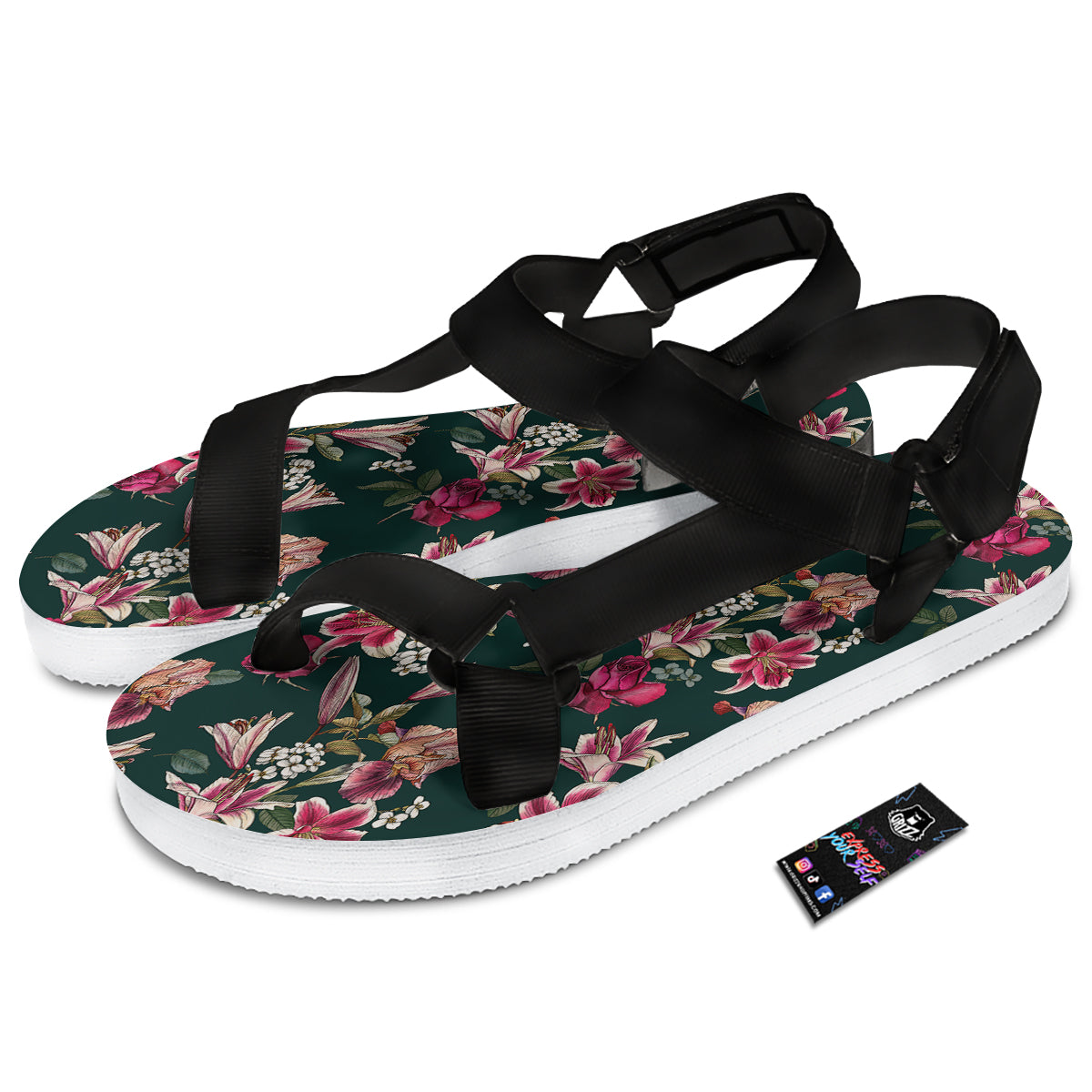 Lily Tropical Watercolor Print Pattern Black Open Toe Sandals-grizzshop