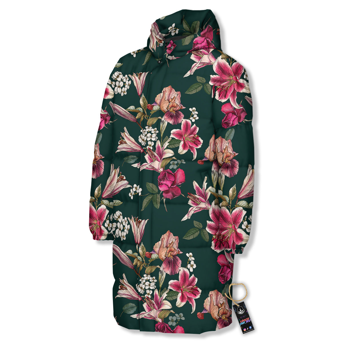 Lily Tropical Watercolor Print Pattern Long Down Jacket-grizzshop