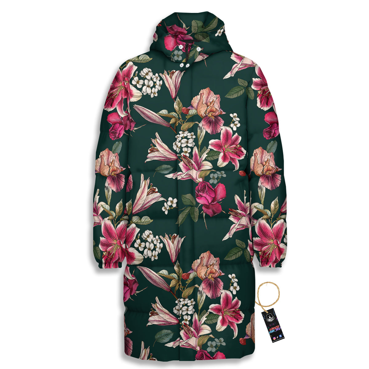 Lily Tropical Watercolor Print Pattern Long Down Jacket-grizzshop