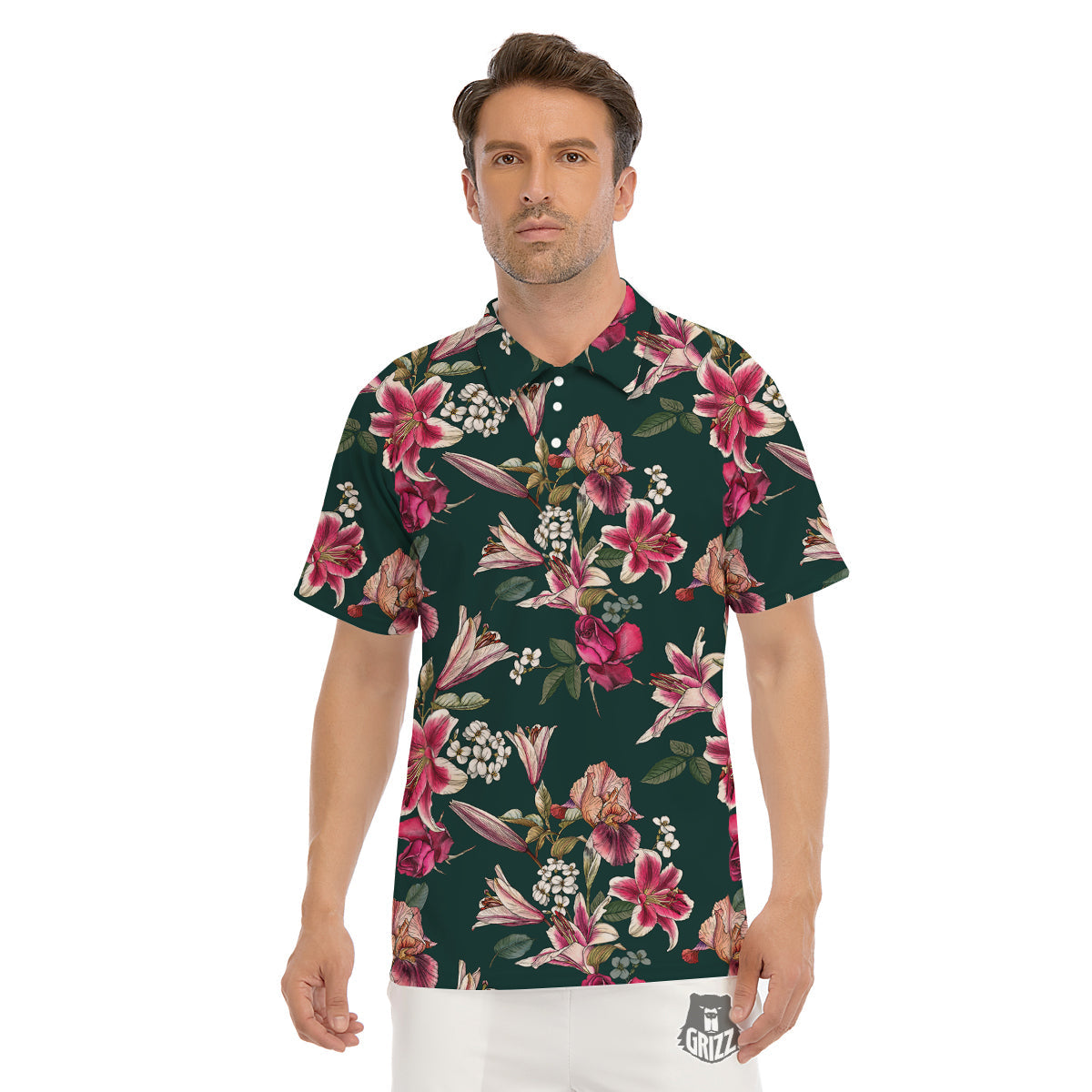 Lily Tropical Watercolor Print Pattern Men's Golf Shirts-grizzshop