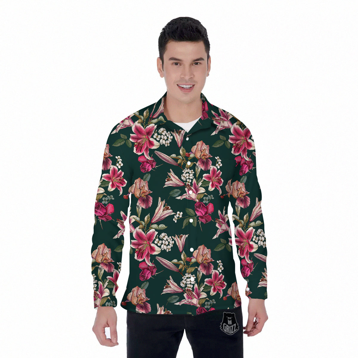 Lily Tropical Watercolor Print Pattern Men's Long Sleeve Shirts-grizzshop