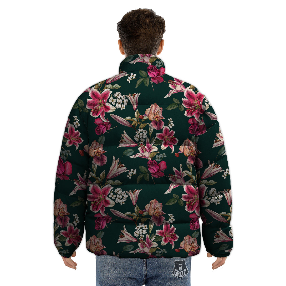 Lily Tropical Watercolor Print Pattern Puffer Jacket-grizzshop