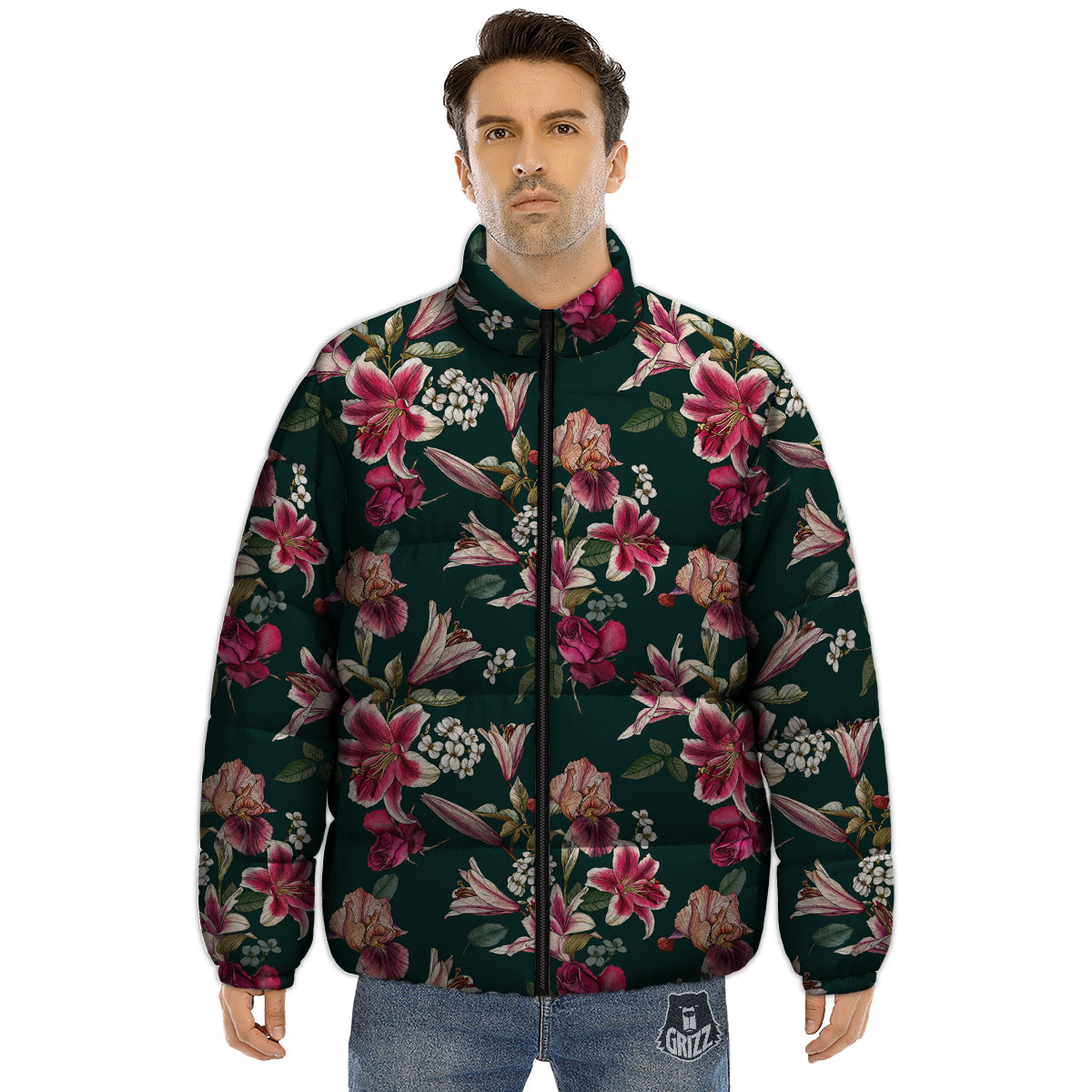 Lily Tropical Watercolor Print Pattern Puffer Jacket-grizzshop